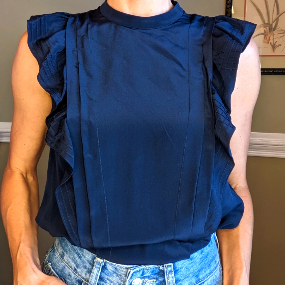 Rebecca Taylor | Navy 100% Silk Sleeveless Blouse With Ruffle Detail
